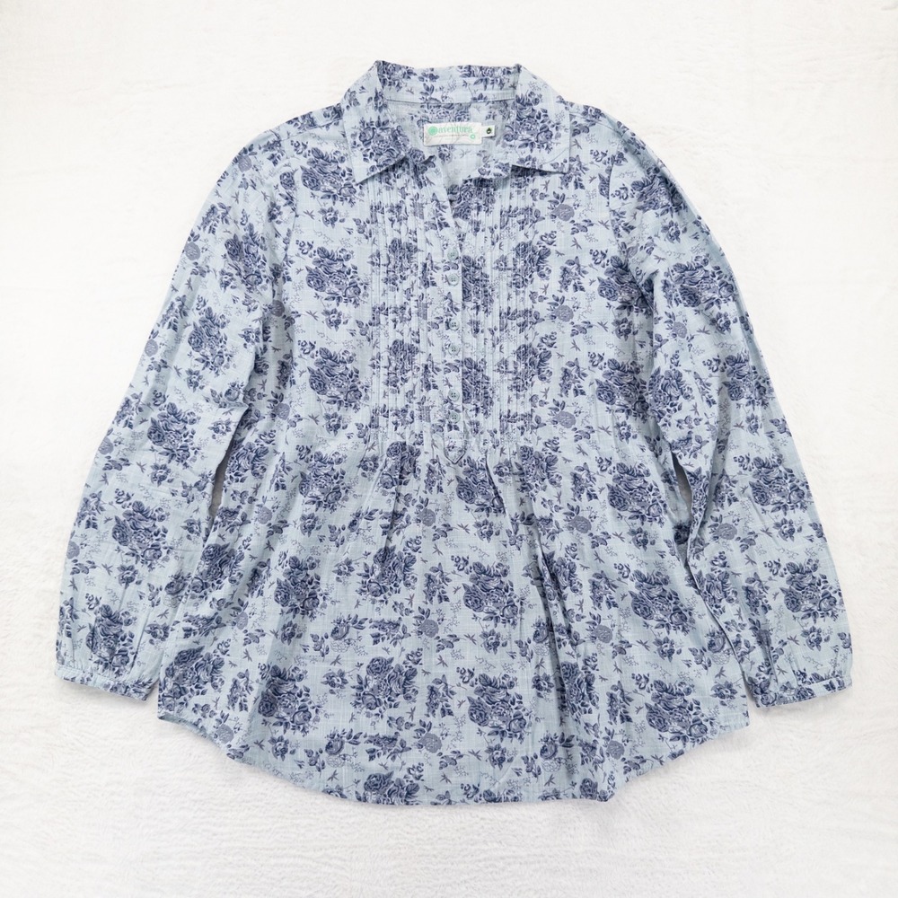 Aventura Womens Blouse Size Medium Blue Floral Pintuck Buttons Cottagecore Top